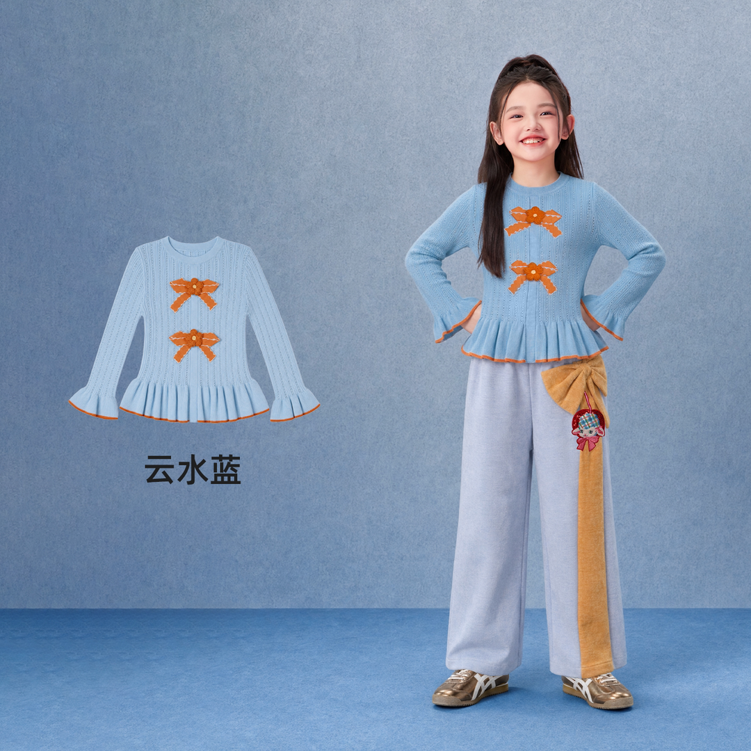 Bow Ruffle-Hem Pointelle Knit Sweater 福福有礼蝴蝶结荷叶边毛衣 – Sky Blue 云水蓝