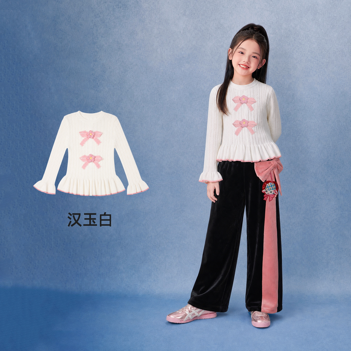 Bow Ruffle-Hem Pointelle Knit Sweater 福福有礼蝴蝶结荷叶边毛衣 – Ivory 汉玉白