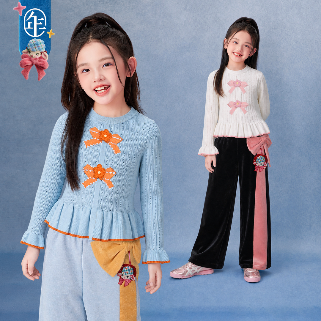 Bow Ruffle-Hem Pointelle Knit Sweater 福福有礼蝴蝶结荷叶边毛衣