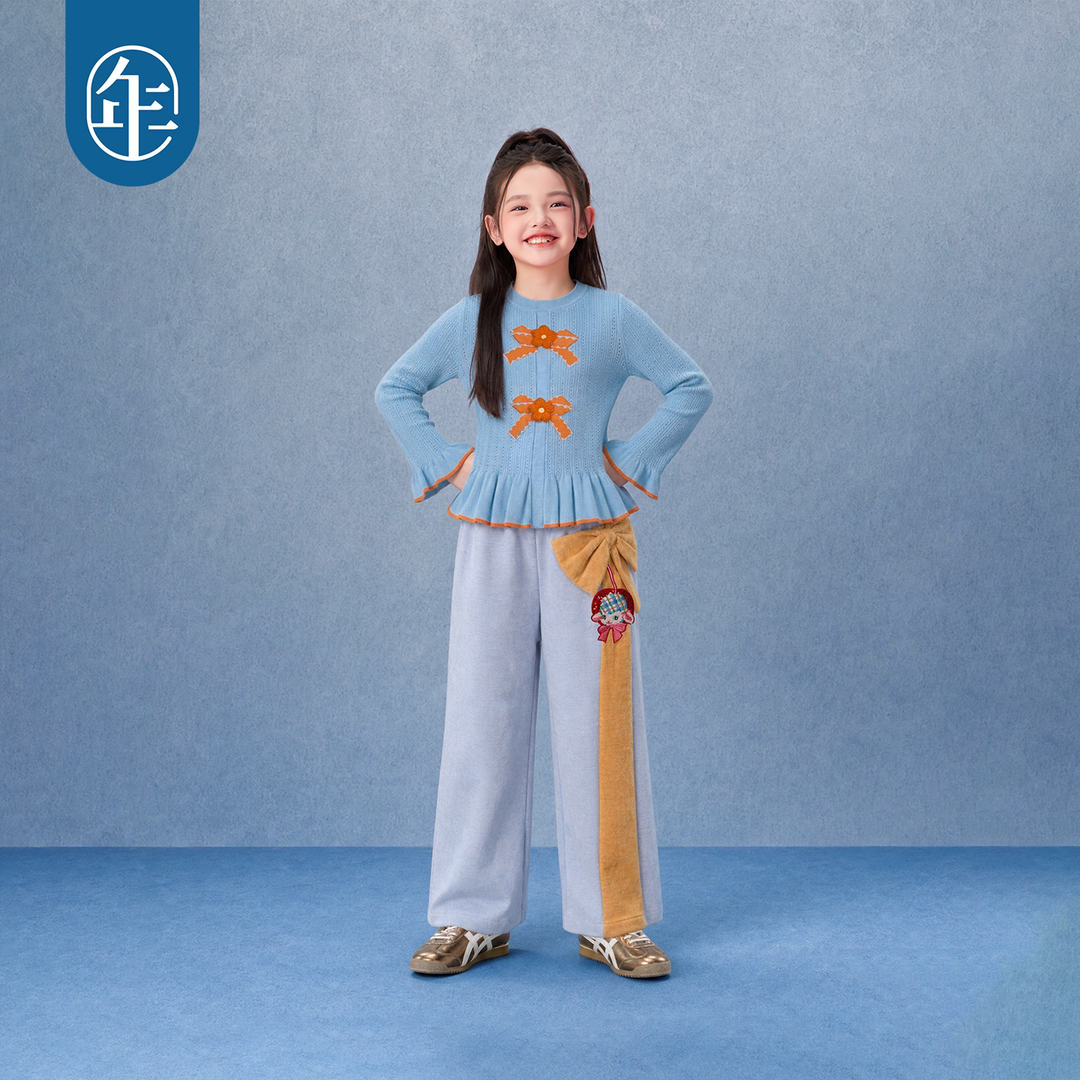 Bow Ruffle-Hem Pointelle Knit Sweater 福福有礼蝴蝶结荷叶边毛衣