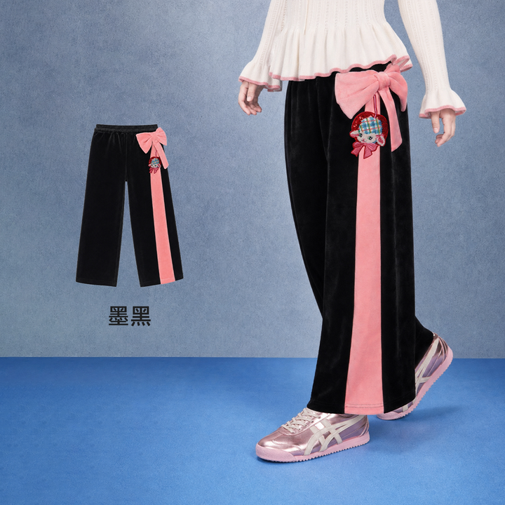 Lamb Bow Fleece-Lined Wide-Leg Pants 小羊蝴蝶结加绒阔腿裤 – Black 墨黑