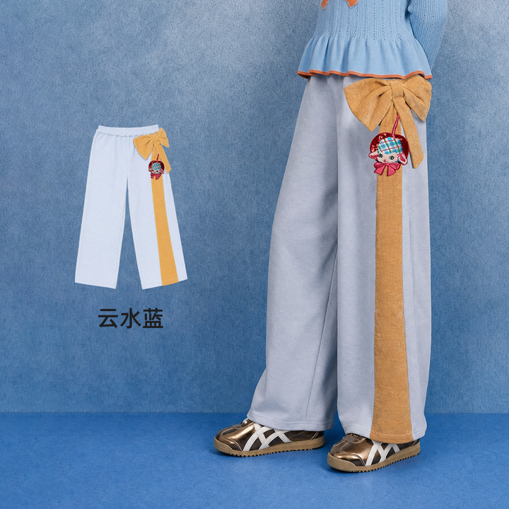Lamb Bow Fleece-Lined Wide-Leg Pants 小羊蝴蝶结加绒阔腿裤 – Light Blue 云水蓝