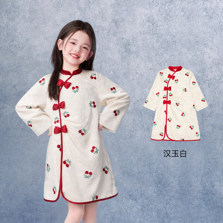 Cherry Embroidered Jacquard Bow Qipao Dress 瑞瑞有礼樱桃旗袍 – Ivory 汉玉白