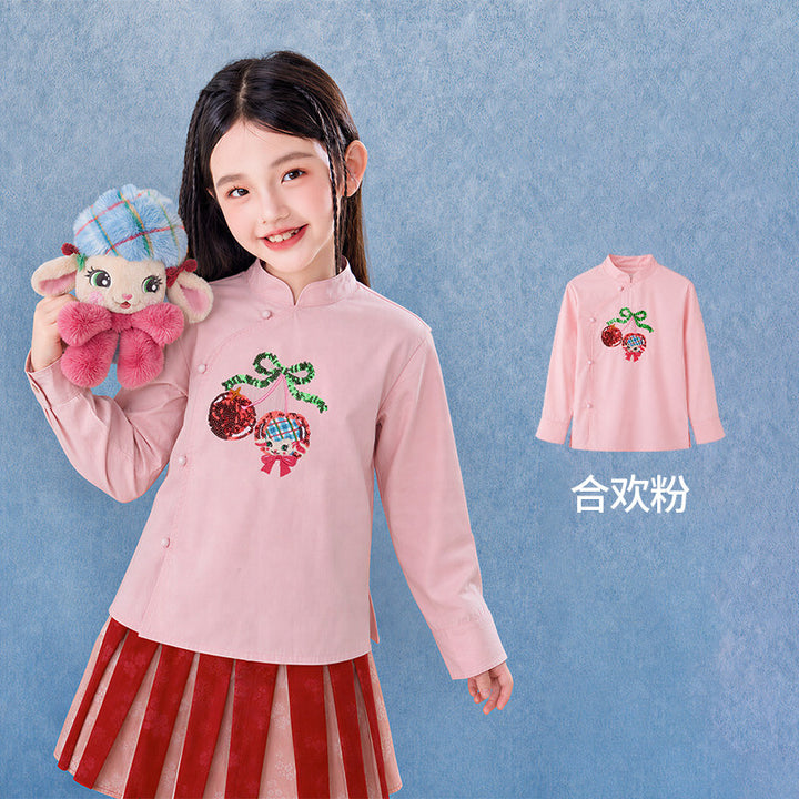 Cherry Lamb Sequin Mandarin Shirt 樱桃小羊立领衬衫 – Pink 合欢粉