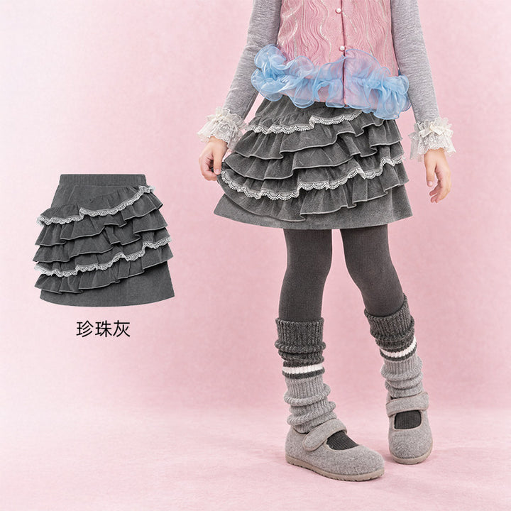 Tiered Lace Ruffle Velvet Skirt 公主蕾丝蛋糕短裙 – Gray 珍珠灰