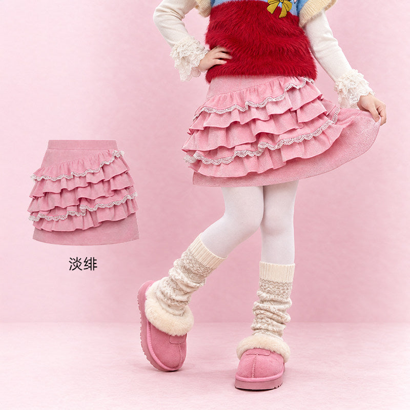 Tiered Lace Ruffle Velvet Skirt 公主蕾丝蛋糕短裙 – Pink 淡绯