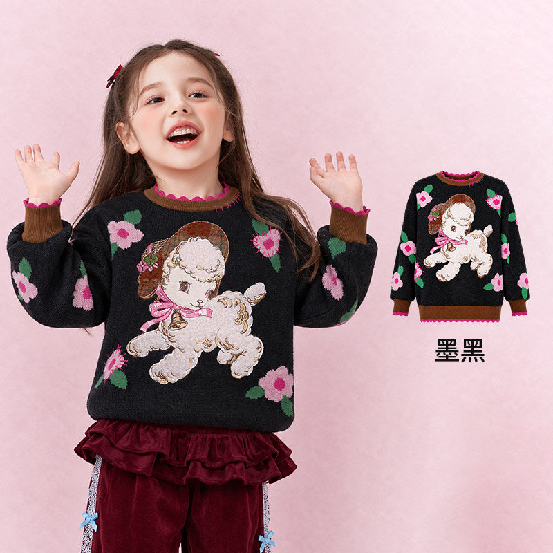 Lamb Flower Jacquard Cotton Sweater 真羊气花花毛衣 – Black 墨黑