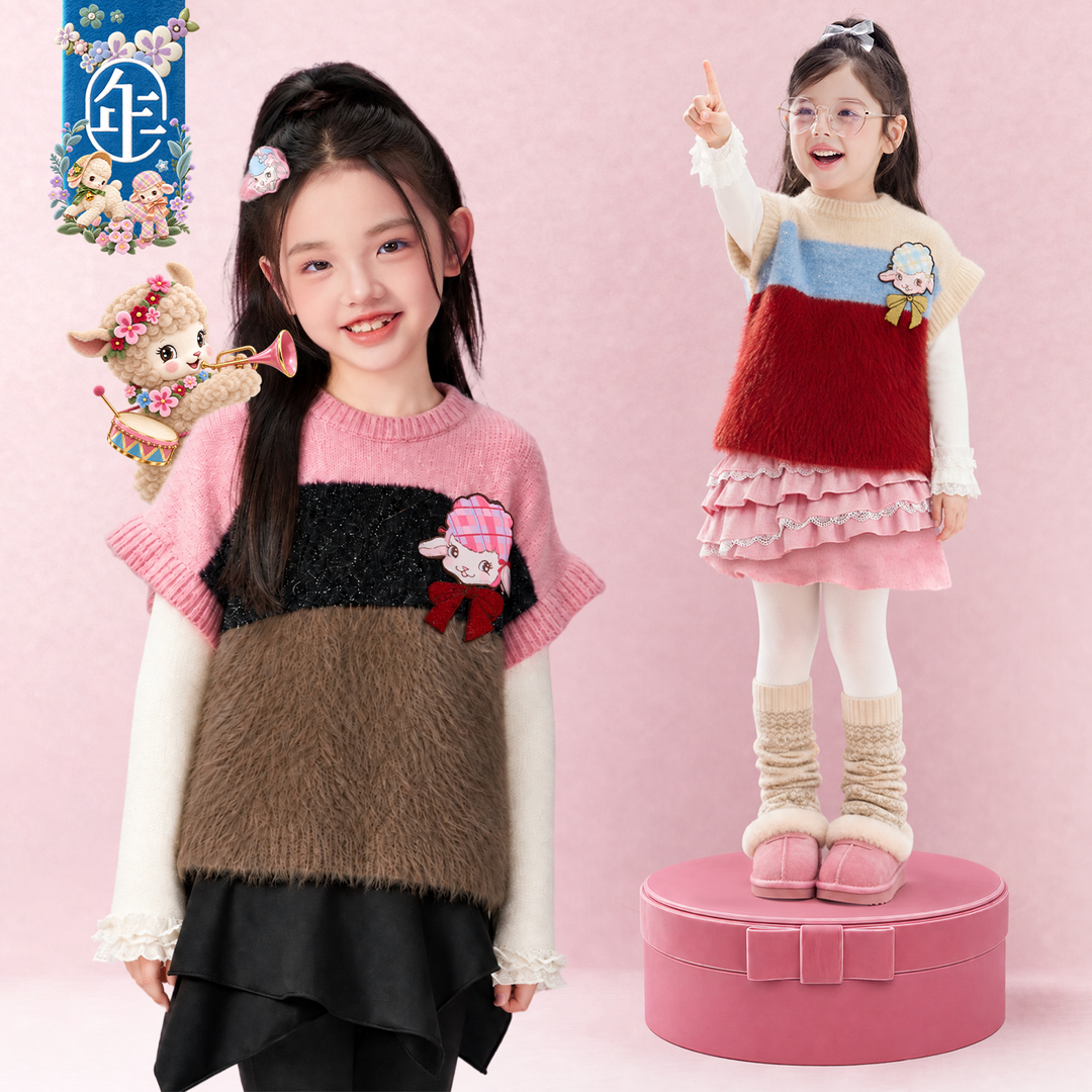Lamb Patch Colour-Block Fuzzy Knit Vest 小羊撞色毛绒针织马甲