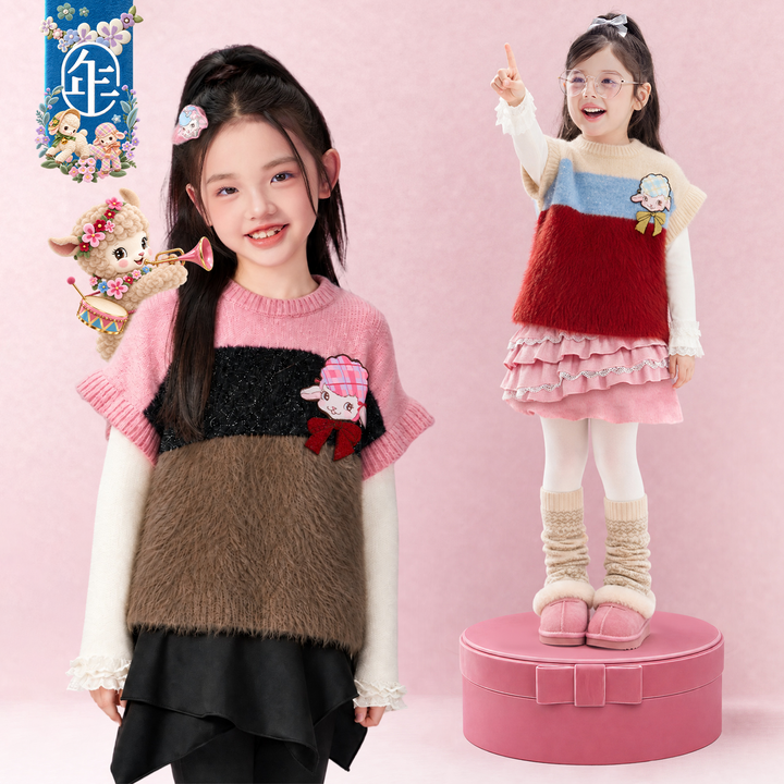Lamb Patch Colour-Block Fuzzy Knit Vest 小羊撞色毛绒针织马甲