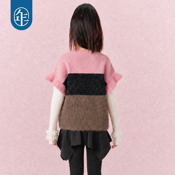 Lamb Patch Colour-Block Fuzzy Knit Vest 小羊撞色毛绒针织马甲
