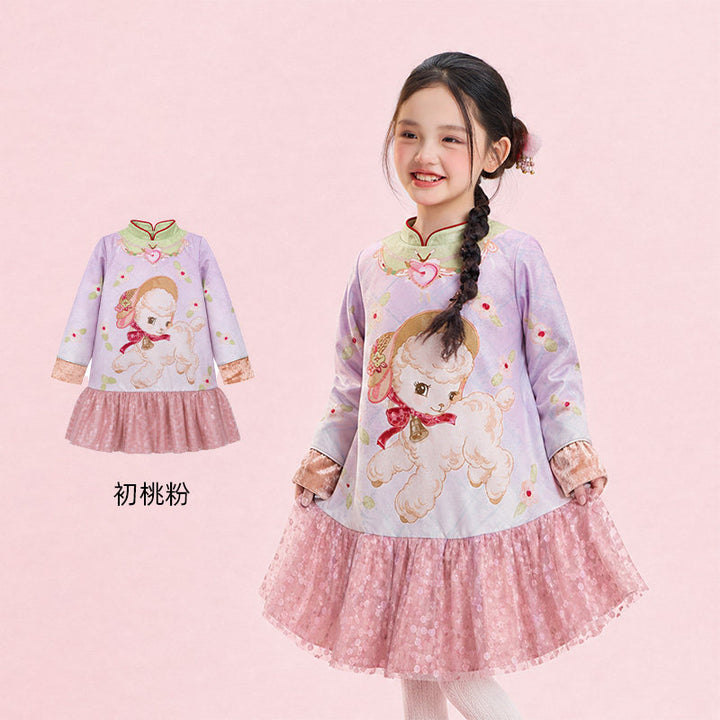 Lamb Print Fleece-Lined Qipao Dress 真羊气绒里旗袍连衣裙 – Lavender Pink 初桃粉