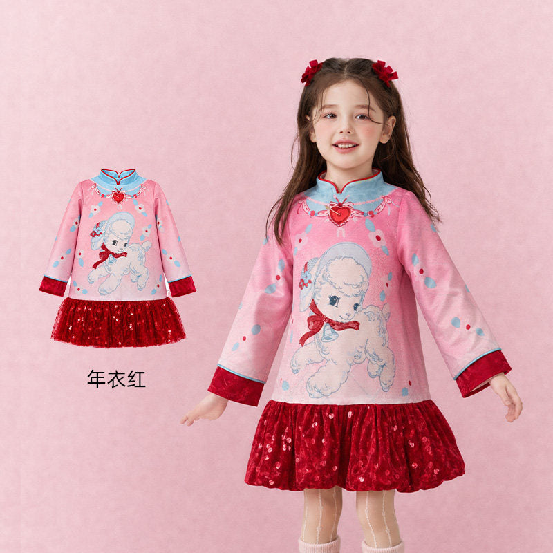 Lamb Print Fleece-Lined Qipao Dress 真羊气绒里旗袍连衣裙 – Pink & Red 年衣红