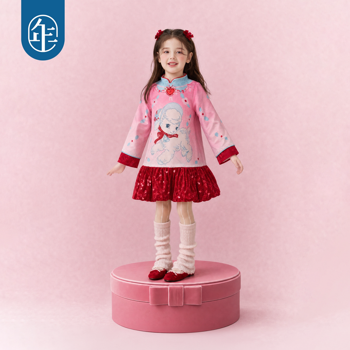 Lamb Print Fleece-Lined Qipao Dress 真羊气绒里旗袍连衣裙