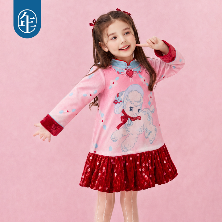 Lamb Print Fleece-Lined Qipao Dress 真羊气绒里旗袍连衣裙