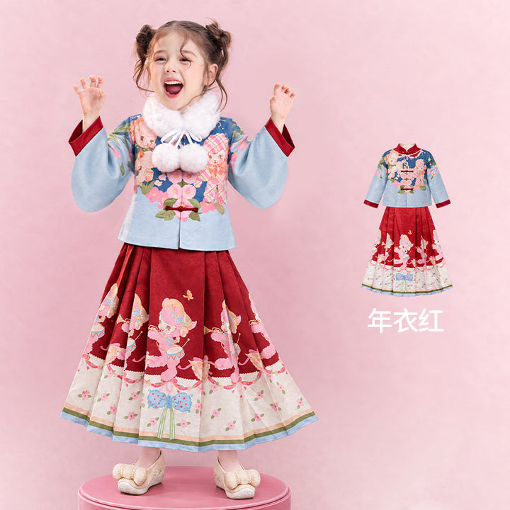 Lamb Print Ming-Style Hanfu Mamian Set 小羊明制马面裙汉服套装 – Red 年衣红