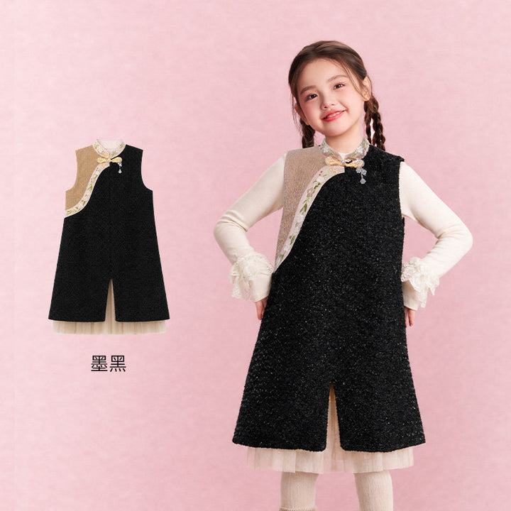 Fleece-Lined Sleeveless Tweed Qipao Dress 公主有礼加绒无袖旗袍 – Black 墨黑