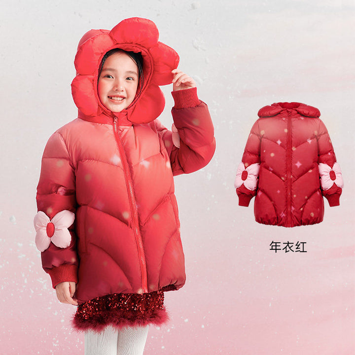 3D Flower Hooded Duck Down Coat 立体花朵连帽羽绒服 – Red 年衣红