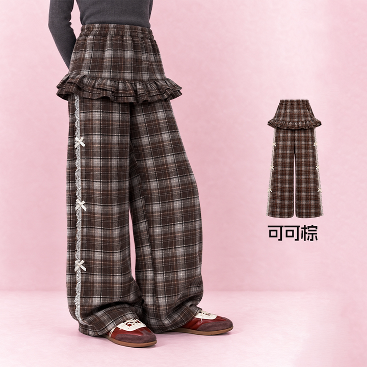 Ruffle Skirt-Overlay Wide-Leg Pants 福福有礼假两件长裤 – Cocoa Plaid 可可棕