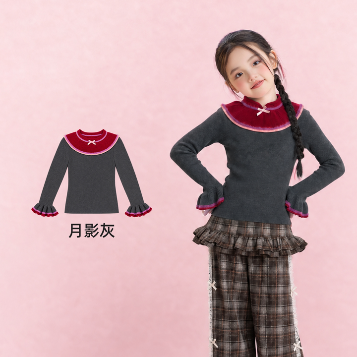 Qipao Collar Ruffle-Cuff Cotton Sweater 旗袍领荷叶袖毛衣 – Charcoal 月影灰