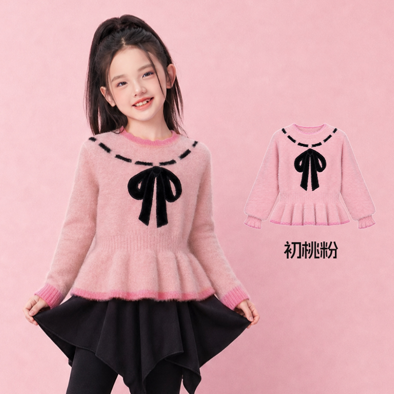 Bow Faux Mink Peplum Sweater 蝴蝶结仿貂毛收腰毛衣 – Pink 初桃粉