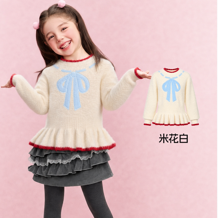 Bow Faux Mink Peplum Sweater 蝴蝶结仿貂毛收腰毛衣 – Cream 米花白