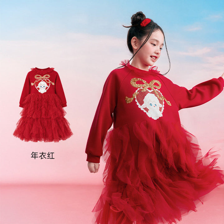 Lamb Sweatshirt Tulle Dress 真羊气网纱卫衣裙 – Red 年衣红