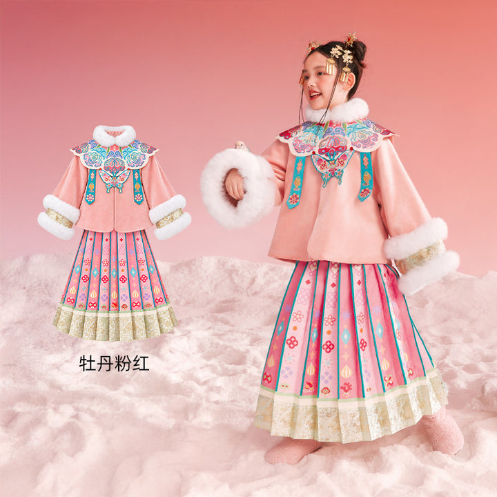 Cloud Collar Padded Hanfu Mamian Set 云肩加棉汉服马面裙套装 – Pink 牡丹粉红