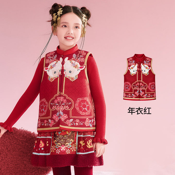 Lamb Jacquard Padded Mandarin Vest 真像样儿小羊中式马甲 – Red 年衣红
