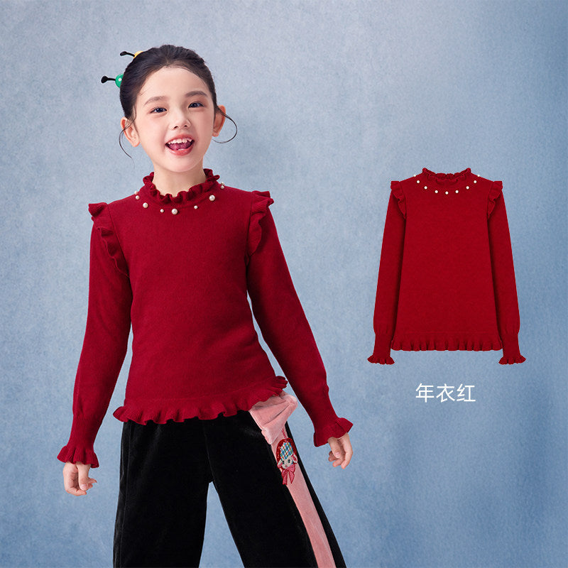 Pearl Ruffle Mock Neck Cotton Sweater 珍珠木耳边半高领针织衫 – Red 年衣红