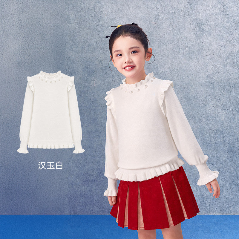 Pearl Ruffle Mock Neck Cotton Sweater 珍珠木耳边半高领针织衫 – Ivory 汉玉白