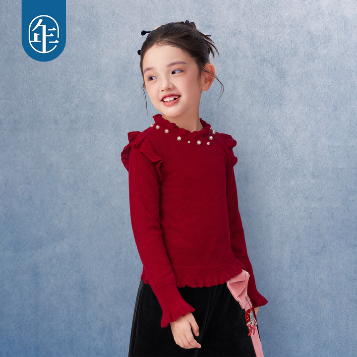 Pearl Ruffle Mock Neck Cotton Sweater 珍珠木耳边半高领针织衫