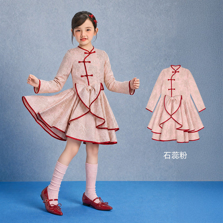 Gold Brocade Bow Ruffle Qipao Dress 织金锦缎蝴蝶结旗袍裙 – Pink 石蕊粉