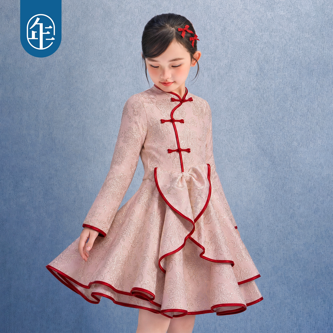 Gold Brocade Bow Ruffle Qipao Dress 织金锦缎蝴蝶结旗袍裙