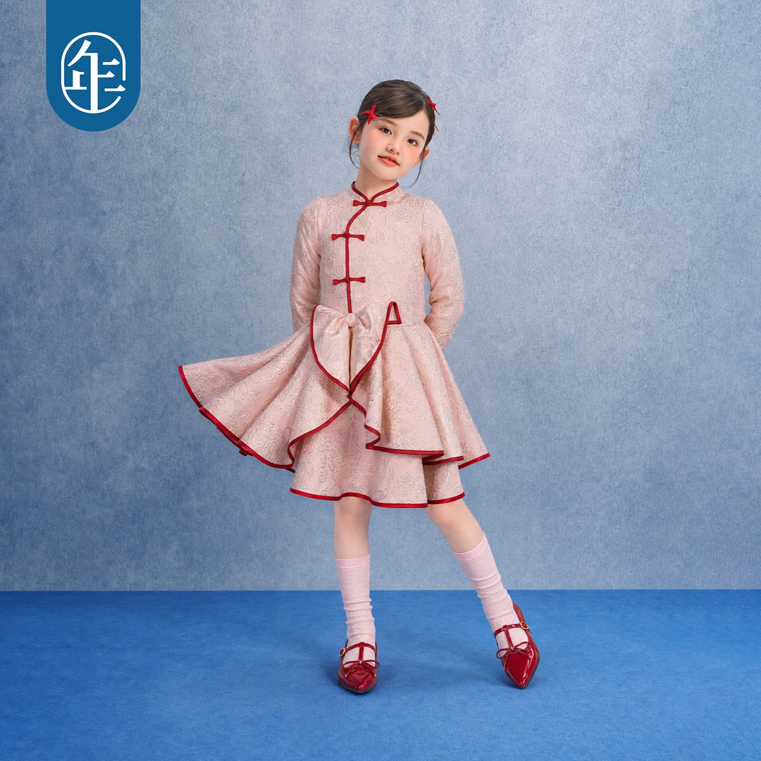 Gold Brocade Bow Ruffle Qipao Dress 织金锦缎蝴蝶结旗袍裙