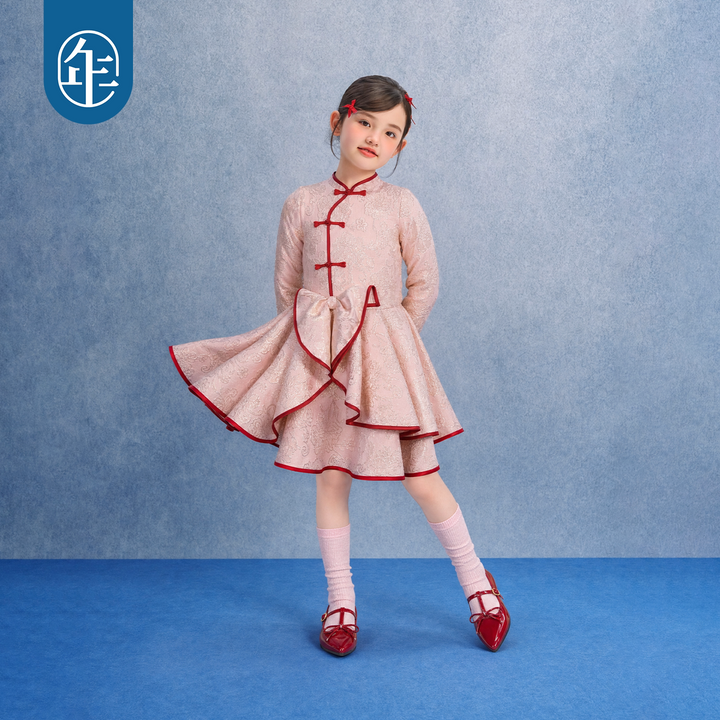 Gold Brocade Bow Ruffle Qipao Dress 织金锦缎蝴蝶结旗袍裙