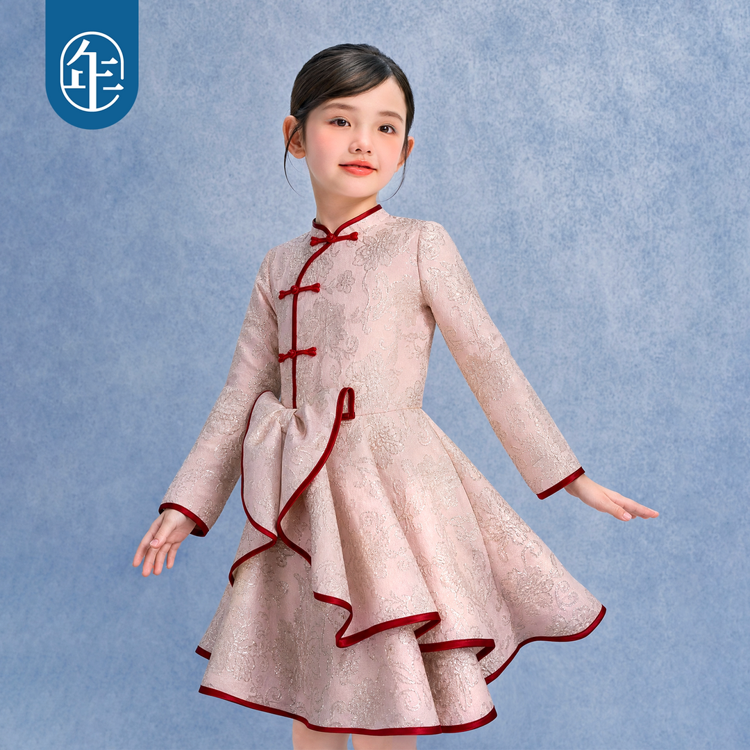 Gold Brocade Bow Ruffle Qipao Dress 织金锦缎蝴蝶结旗袍裙
