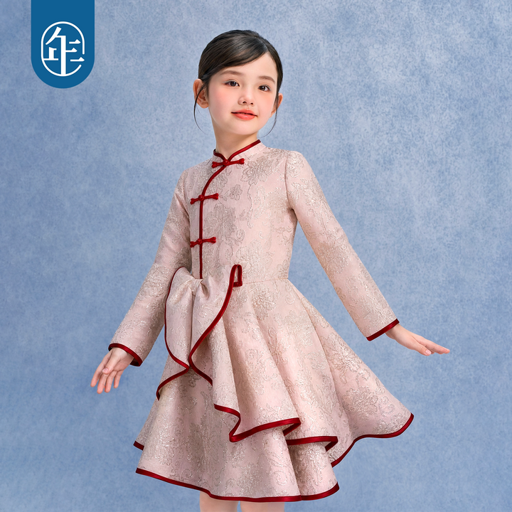 Gold Brocade Bow Ruffle Qipao Dress 织金锦缎蝴蝶结旗袍裙
