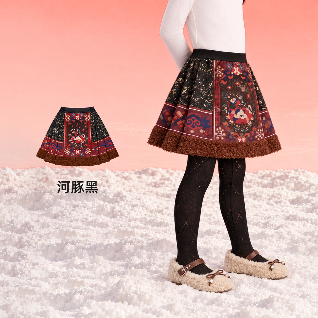 Lamb Brocade Fleece-Lined Mamian Skirt 喜气羊羊加绒马面短裙 – Black 河豚黑