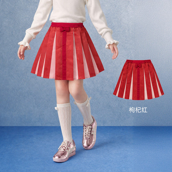 Bow Jacquard Pleated Mini Skirt 福福有礼蝴蝶结百褶短裙 – Red 枸杞红