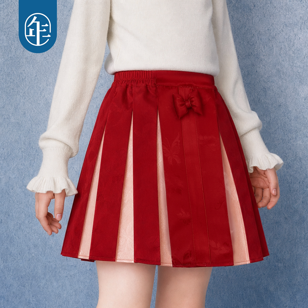 Bow Jacquard Pleated Mini Skirt 福福有礼蝴蝶结百褶短裙