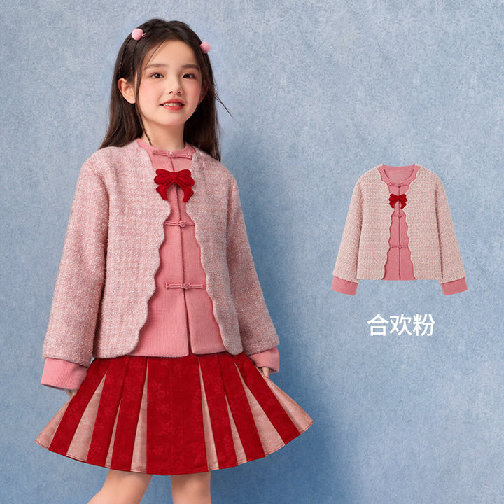 Tweed Padded Mandarin Jacket with Bow 小香风中式加棉外套 – Pink 合欢粉