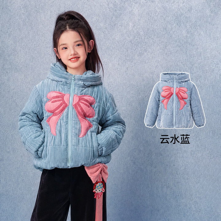 Big Bow Velvet Padded Hooded Jacket 大蝴蝶结连帽棉服 – Blue 云水蓝