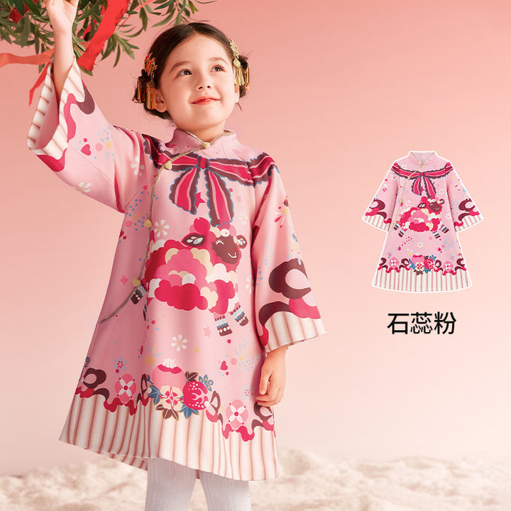 Lamb Print Fleece-Lined Qipao Dress 喜气羊羊加绒旗袍 – Pink 石蕊粉