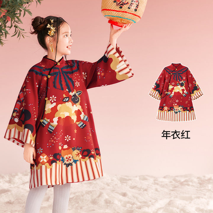Lamb Print Fleece-Lined Qipao Dress 喜气羊羊加绒旗袍 – Red 年衣红