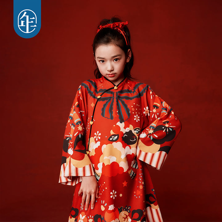 Lamb Print Fleece-Lined Qipao Dress 喜气羊羊加绒旗袍