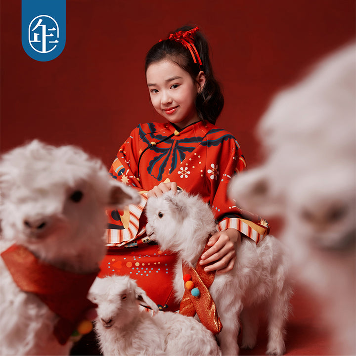 Lamb Print Fleece-Lined Qipao Dress 喜气羊羊加绒旗袍