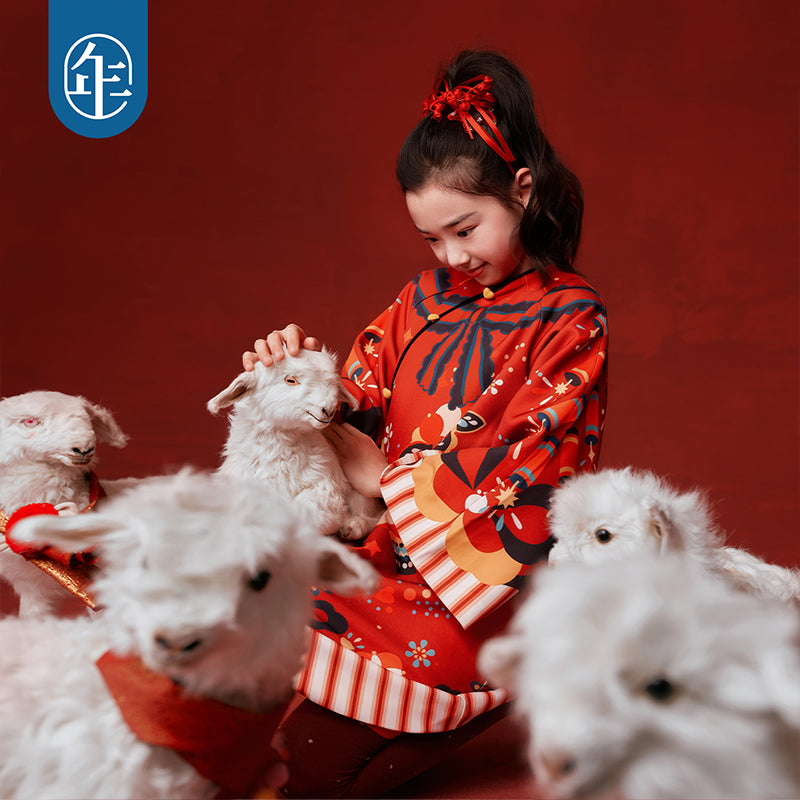 Lamb Print Fleece-Lined Qipao Dress 喜气羊羊加绒旗袍