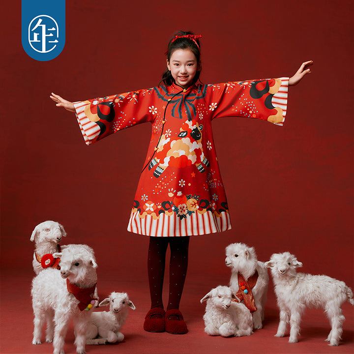 Lamb Print Fleece-Lined Qipao Dress 喜气羊羊加绒旗袍