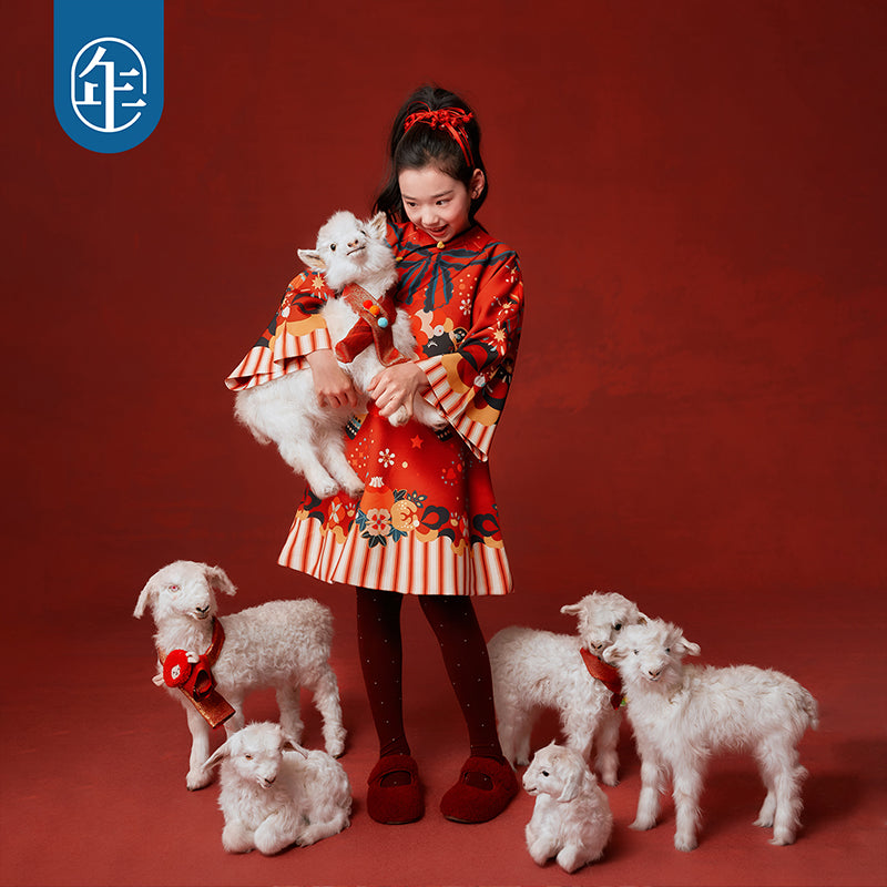 Lamb Print Fleece-Lined Qipao Dress 喜气羊羊加绒旗袍