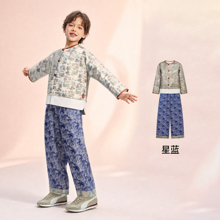 Brocade Tang Jacket & Pants Set 风禾正茂中式唐装套装 – Blue 星蓝